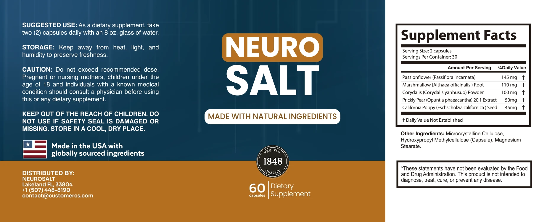 NeuroSalt supplement facts nutritional label showing all ingredients and dosages